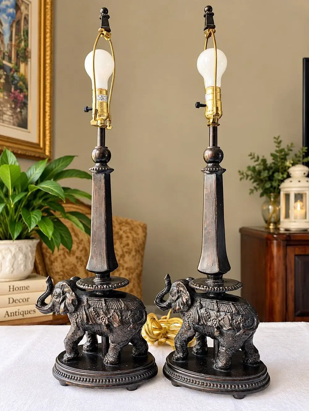Pair elephant table lamp, styled in an Anglo-Indian or safari aesthetic works